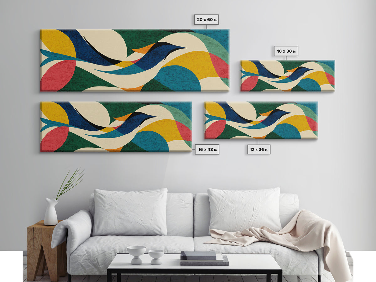 Cream Teal Abstract Flying Bird Wall Art, Midcentury Modern Canvas Print, Colorful Geometric Poster, Boho Home Decor Print Gift