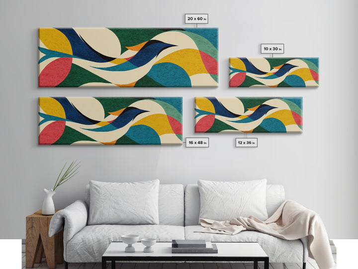 Cream Teal Abstract Flying Bird Wall Art, Midcentury Modern Canvas Print, Colorful Geometric Poster, Boho Home Decor Print Gift