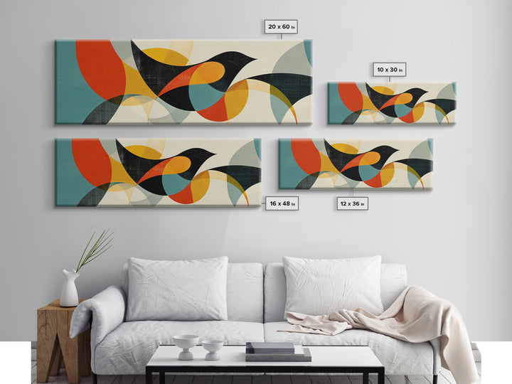 Black Bird With Transparent Circles Wall Art, Midcentury Modern Canvas Print, Abstract Geometric Poster, Retro Home Decor