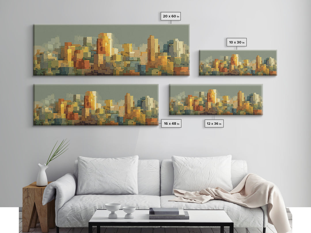 Sage Green Abstract City Skyline Framed Canvas Print, Midcentury Modern Wall Art, Urban Home Decor, Office Art Print Gift