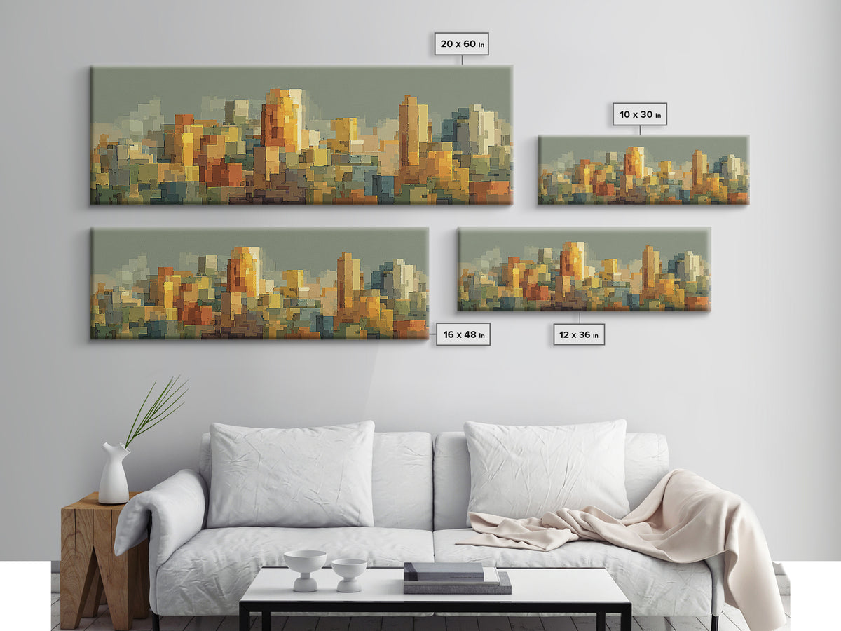 Sage Green Abstract City Skyline Framed Canvas Print, Midcentury Modern Wall Art, Urban Home Decor, Office Art Print Gift