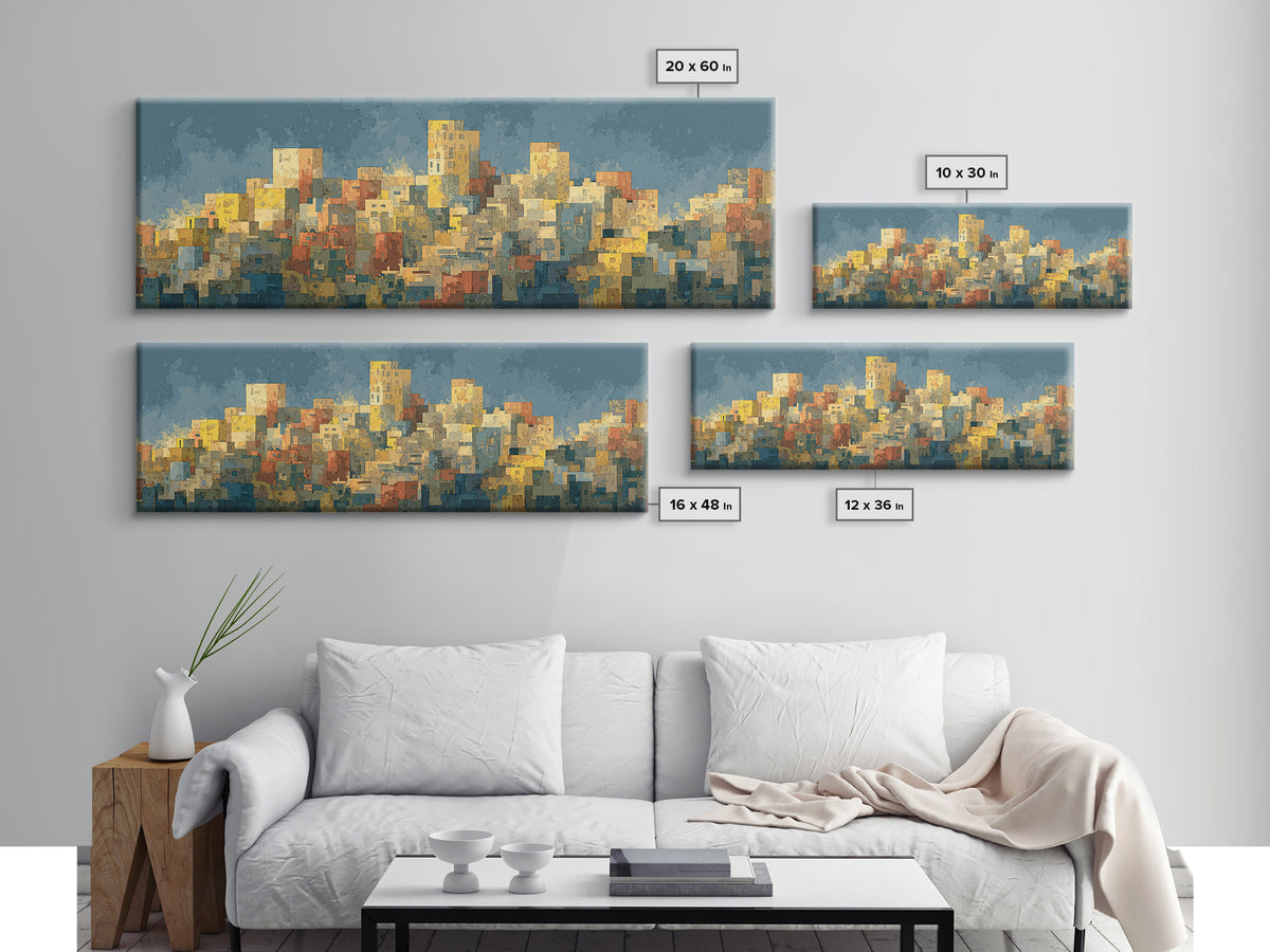 Sunlit Abstract City Skyline Wall Art, Blue And Yellow Urban Print, Midcentury Modern Decor, Living Room Office Art Decor