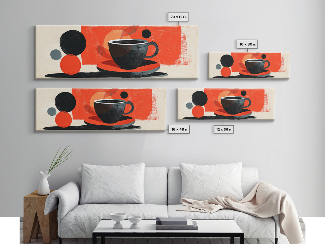 Minimal Black Coffee Cup With Red Circles Wall Art, Bauhaus Modern Kitchen Decor, Midcentury Abstract Cafe Poster Print Gift