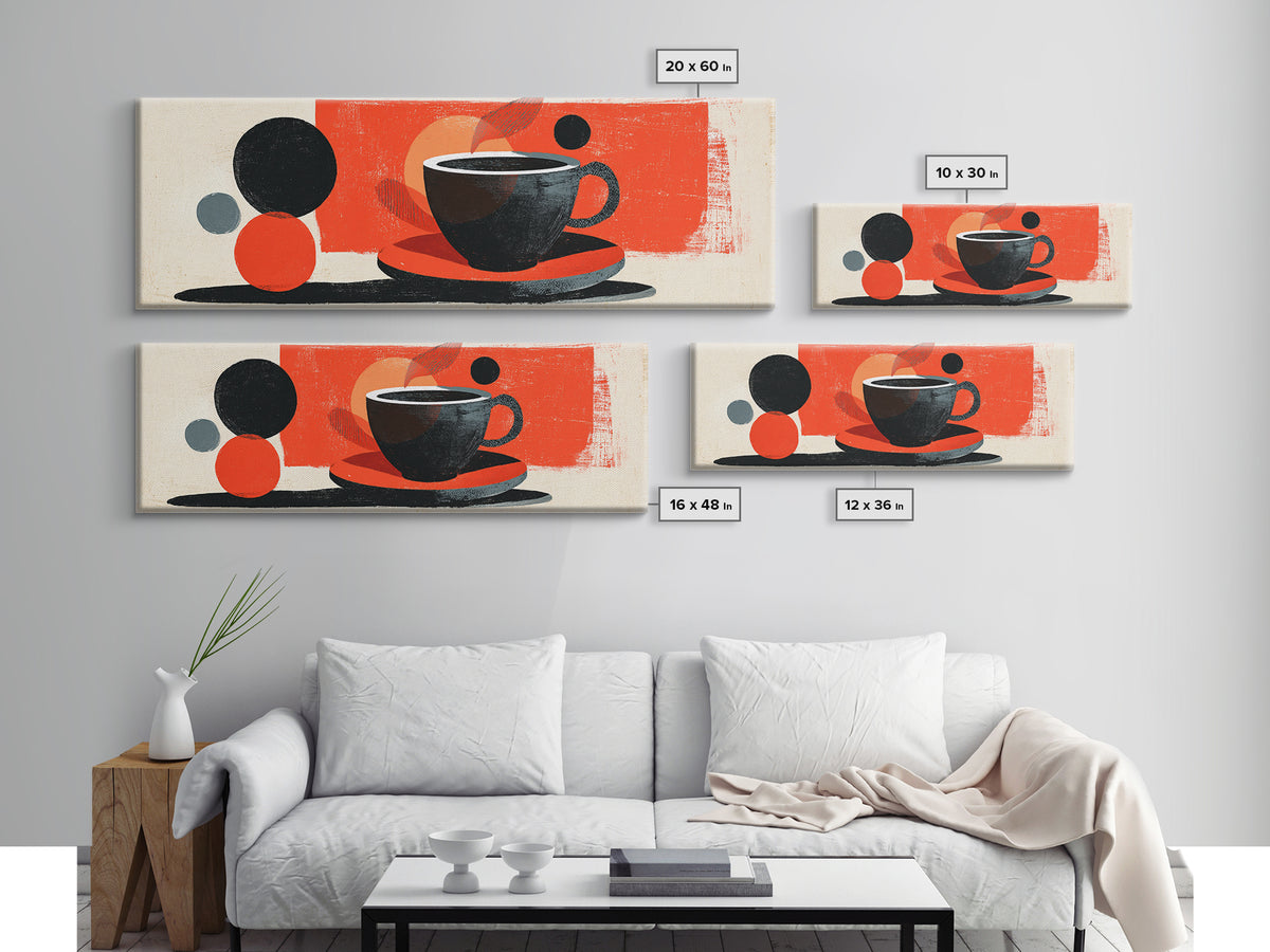 Minimal Black Coffee Cup With Red Circles Wall Art, Bauhaus Modern Kitchen Decor, Midcentury Abstract Cafe Poster Print Gift