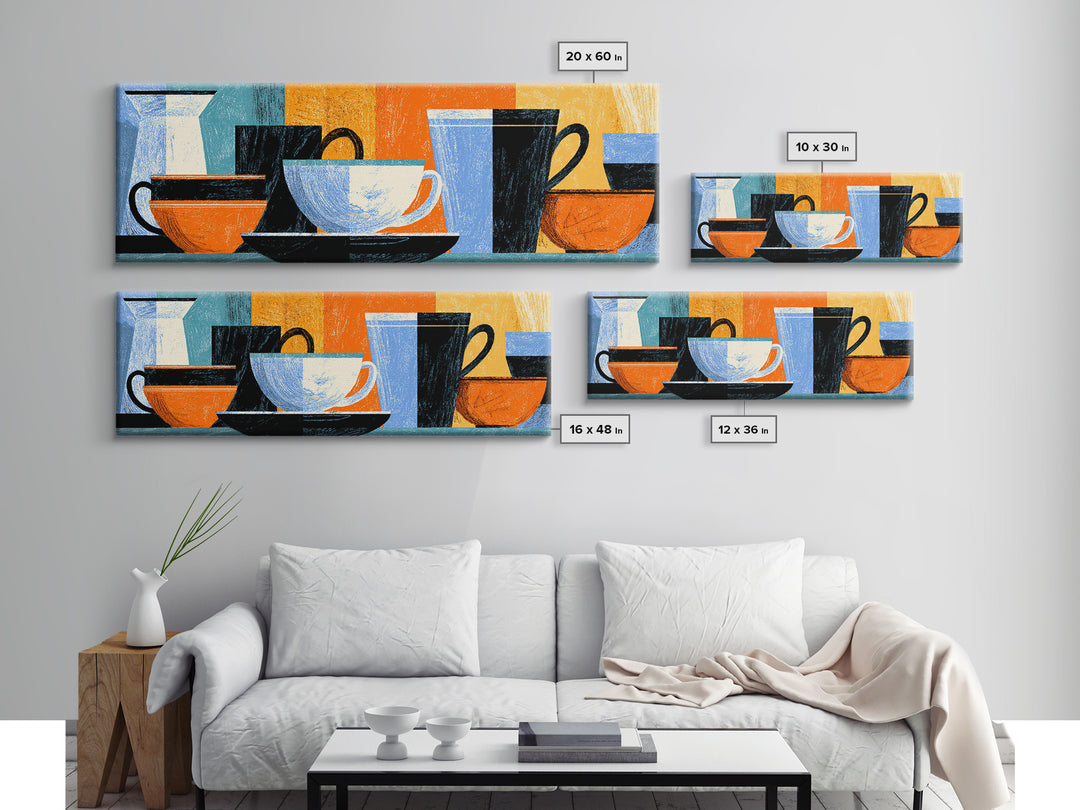 Modern Coffee Cups And Bowls Framed Canvas Print, Retro Kitchen Wall Decor, Midcentury Geometric Cafe Art For Dining Room