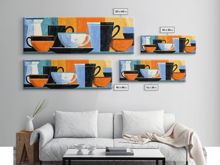 Modern Coffee Cups And Bowls Framed Canvas Print, Retro Kitchen Wall Decor, Midcentury Geometric Cafe Art For Dining Room