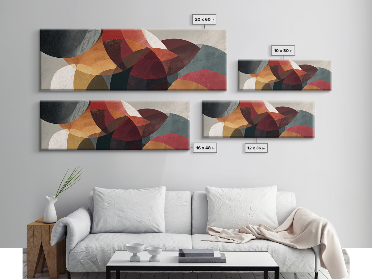 Layered Red Orange Abstract Circles Wall Art, Midcentury Modern Art Print, Geometric Retro Decor, Living Room Canvas Artwork
