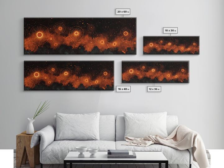 Glowing Orange Cosmic Suns Canvas Print, Space Abstract Wall Art, Modern Retro Poster, Moody Bedroom Office Decor Artwork