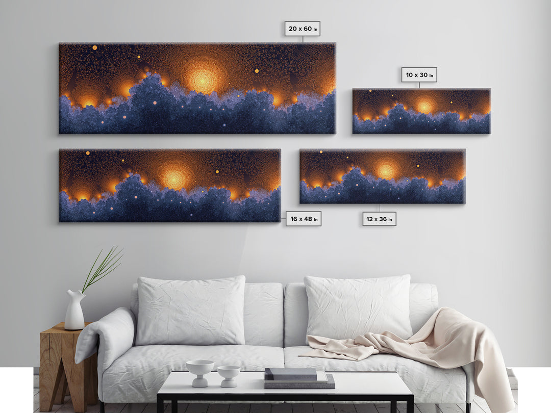 Golden Sun Over Blue Forest Wall Art, Cosmic Nature Canvas Print, Modern Abstract Poster, Moody Bedroom Office Decor Artwork