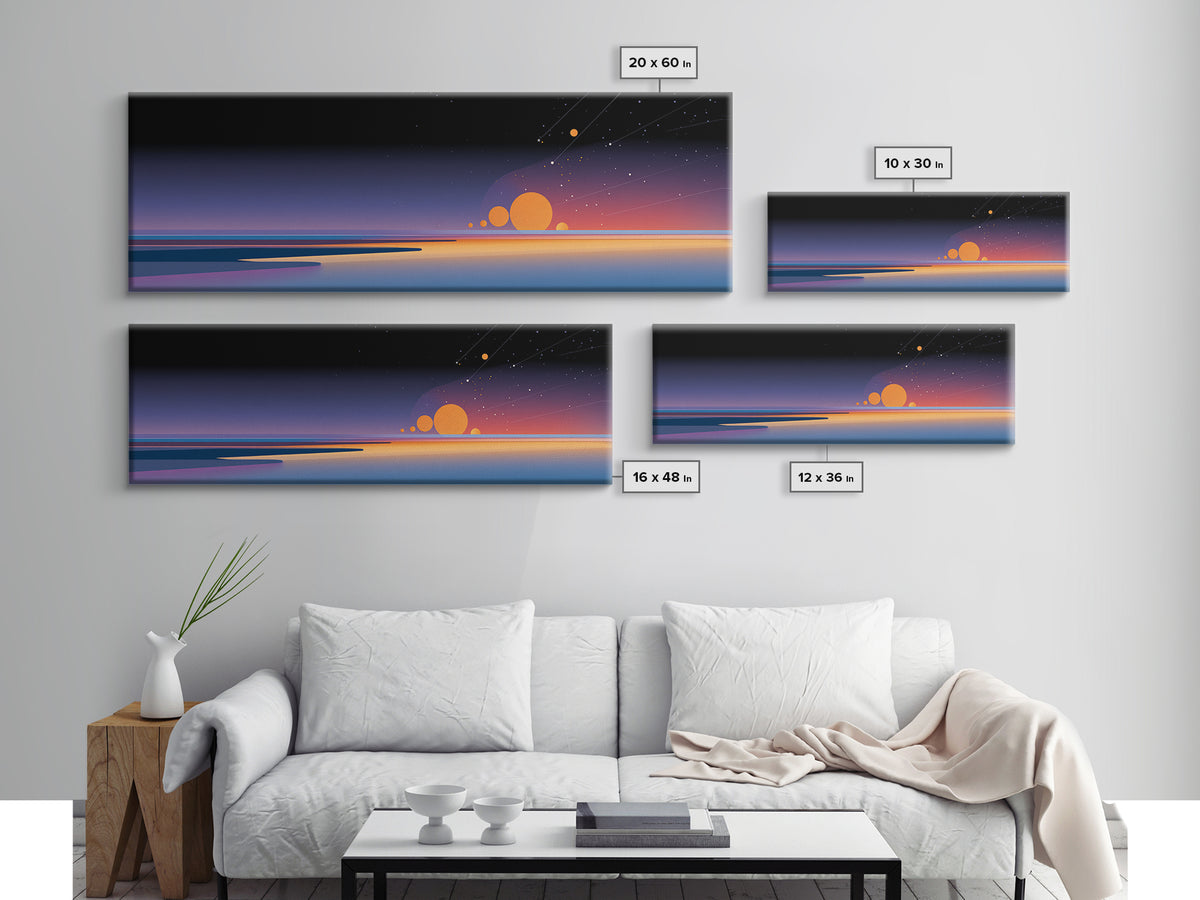 Minimalist Horizon With Orange Planets Wall Art, Retro Futuristic Canvas Print, Modern Space Poster, Office Bedroom Decor