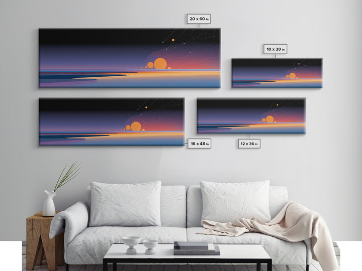 Minimalist Horizon With Orange Planets Wall Art, Retro Futuristic Canvas Print, Modern Space Poster, Office Bedroom Decor