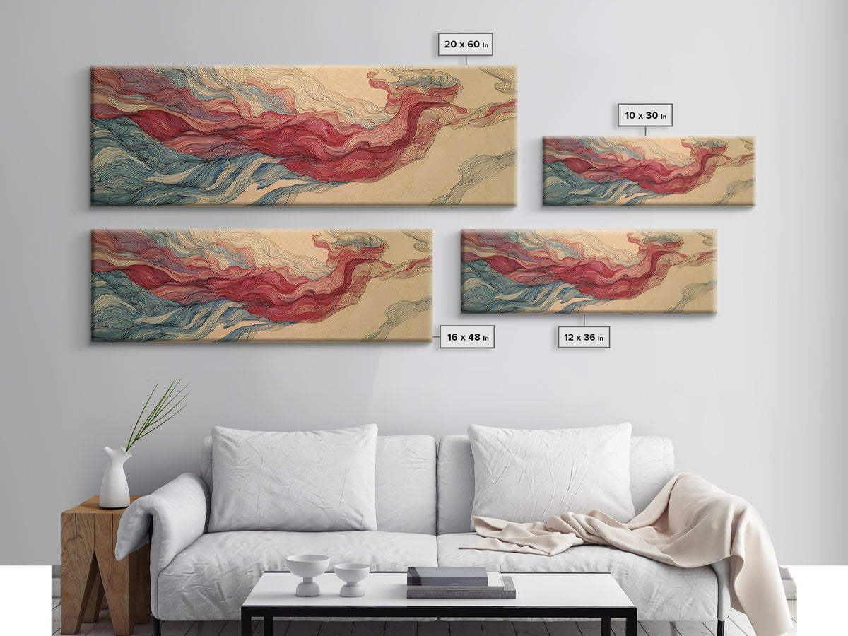 Red Blue Topographic Abstract Landscape Wall Art, Modern Canvas Print, Geometric Line Poster, Contemporary Office Decor Artwork