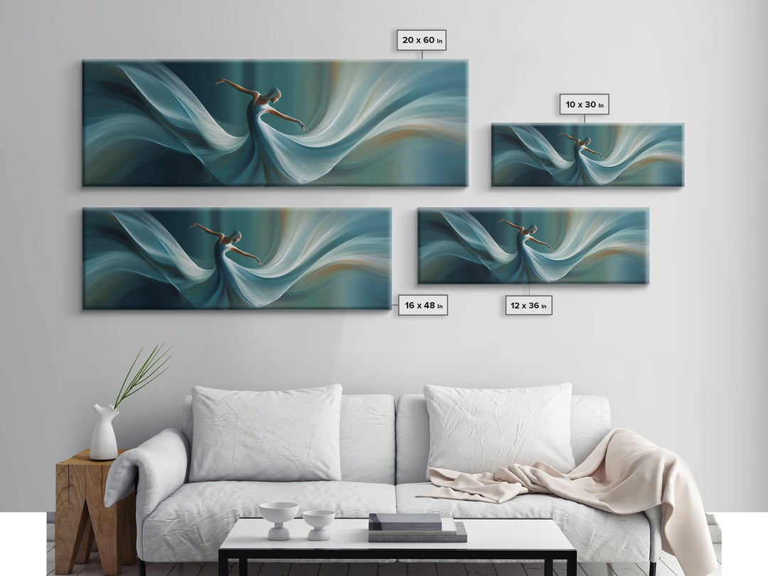 Graceful Dancer In Flowing Teal Dress Canvas Print, Elegant Modern Wall Art, Figurative Movement Poster, Bedroom Decor Gift