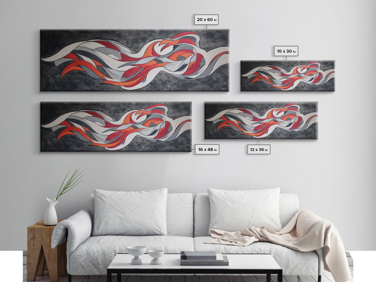 Flowing Red White Silver Ribbons Wall Art, Abstract Midcentury Modern Canvas Print, Retro Mcm Decor, Large Horizontal Art