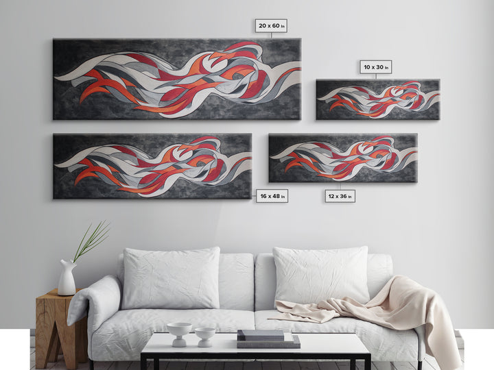 Flowing Red White Silver Ribbons Wall Art, Abstract Midcentury Modern Canvas Print, Retro Mcm Decor, Large Horizontal Art