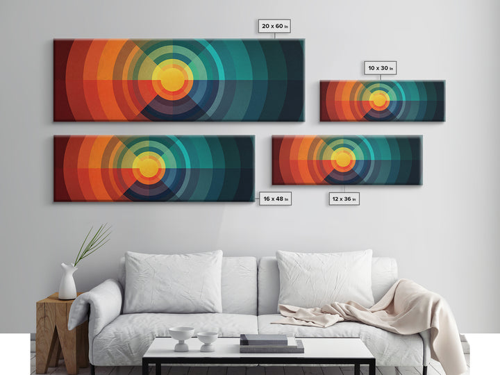 Rainbow Concentric Sunburst Canvas Print, Midcentury Modern Wall Art, Geometric Retro Poster, Colorful Bauhaus Home Decor