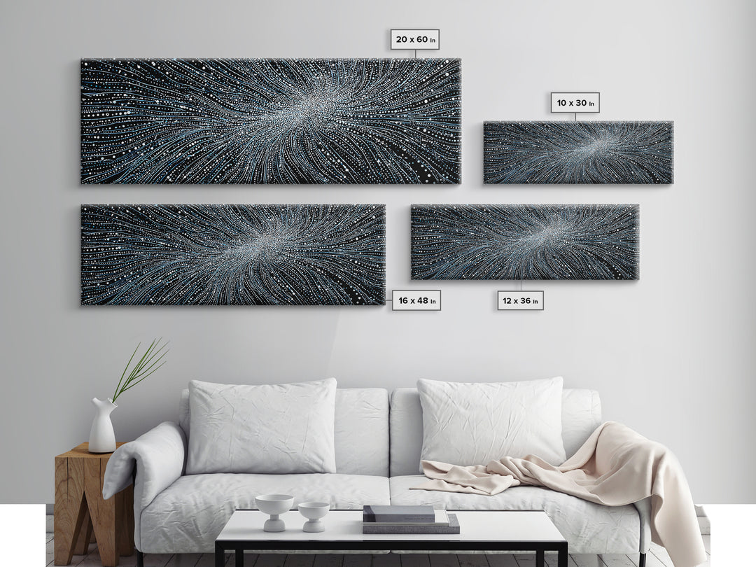 Blue White Particle Wave Canvas Print, Modern Abstract Wall Art, Digital Motion Poster, Sci Fi Space Decor For Home Office