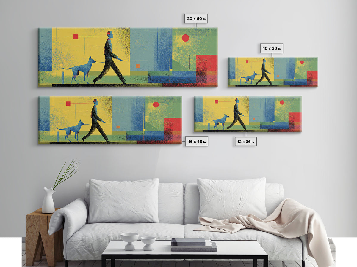 Textured Blue Dog Walker Wall Art, Mid Century Modern Canvas, Colorful Geometric Poster, Retro Abstract Living Room Decor
