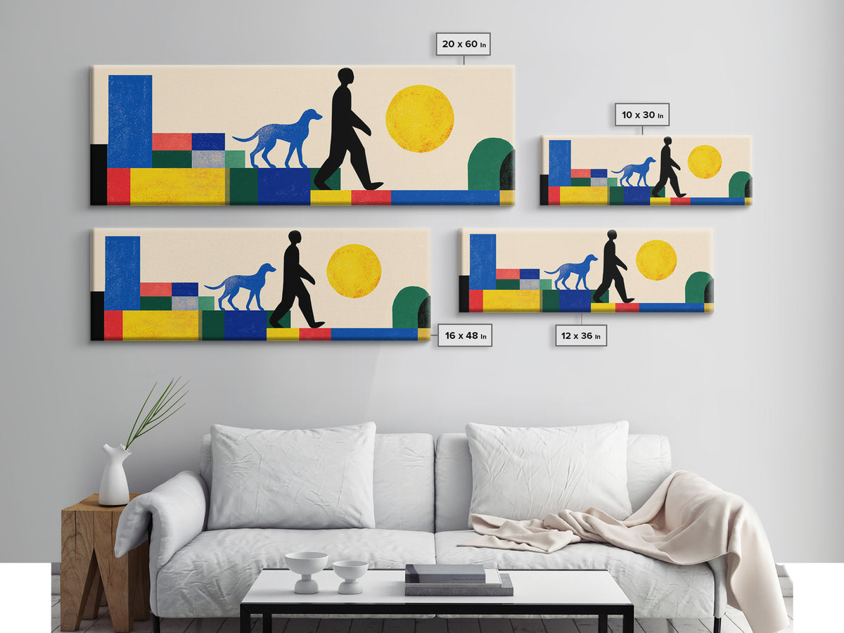 Sunny Geometric Dog Walker Wall Art, Mid Century Modern Canvas Print, Bold Primary Color Decor, Retro MCM Living Room Art