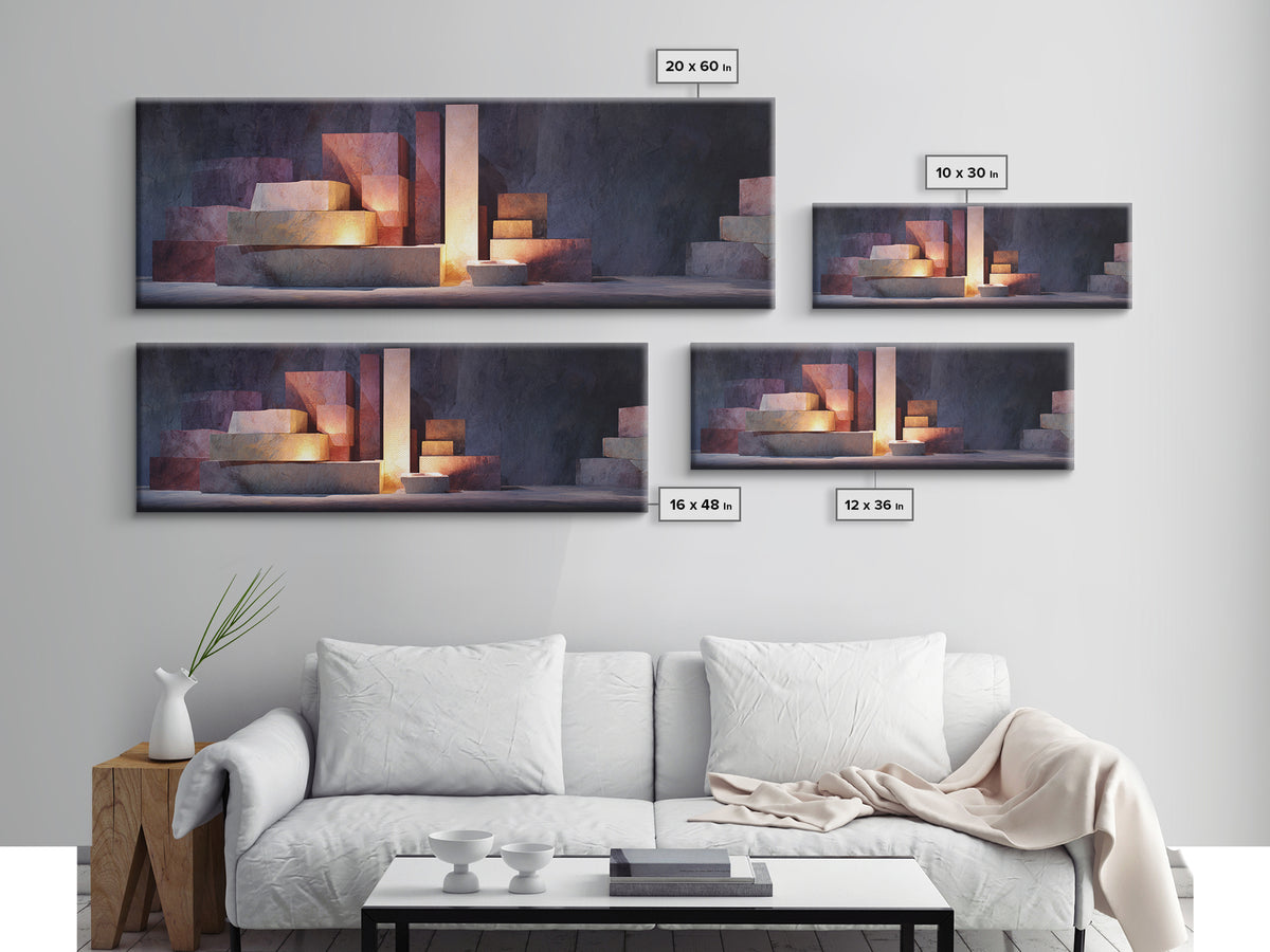 Illuminated Geometric Blocks Framed Canvas Print, Midcentury Modern Abstract Art, MCM Wall Decor For Office And Home Decor