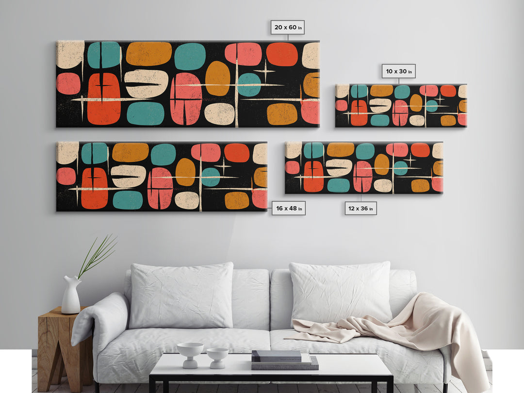 Atomic Pebble Shapes Canvas Print, Midcentury Modern Wall Art, Retro Geometric MCM Decor For Living Room And Office Decor
