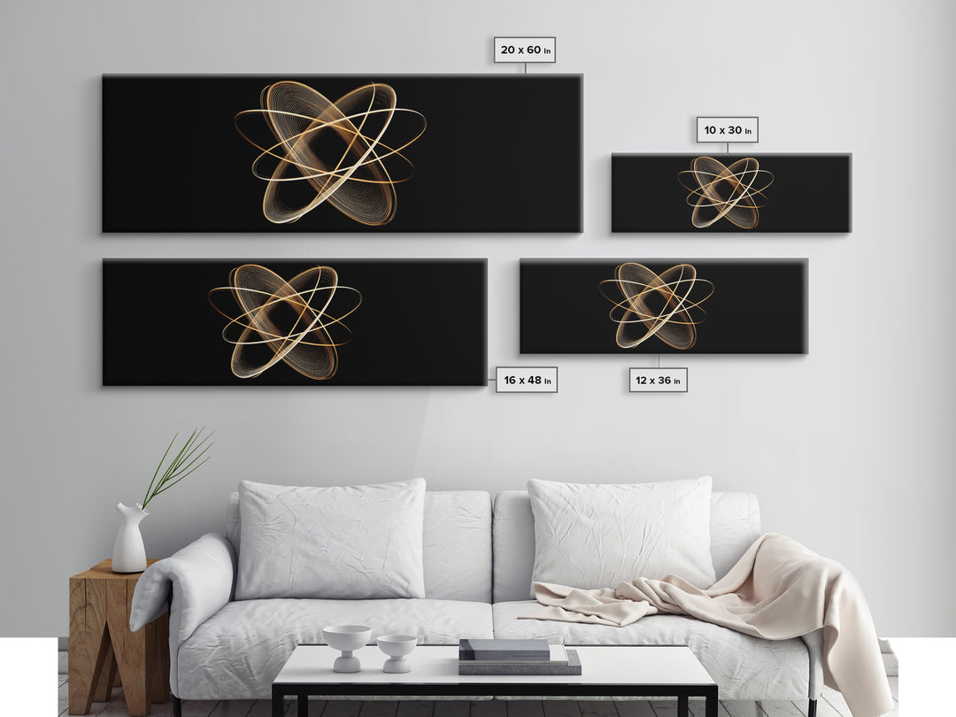 Gold Atomic Orbit Abstract Framed Canvas Print, Midcentury Modern Wall Art, Space Abstract Art, Retro Office Decor, Black Gold Decor
