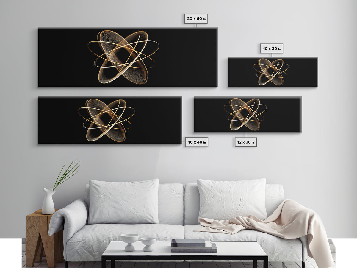 Gold Atomic Orbit Abstract Framed Canvas Print, Midcentury Modern Wall Art, Space Abstract Art, Retro Office Decor, Black Gold Decor