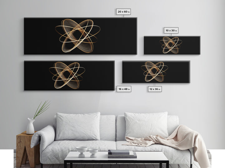 Gold Atomic Orbit Abstract Framed Canvas Print, Midcentury Modern Wall Art, Space Abstract Art, Retro Office Decor, Black Gold Decor