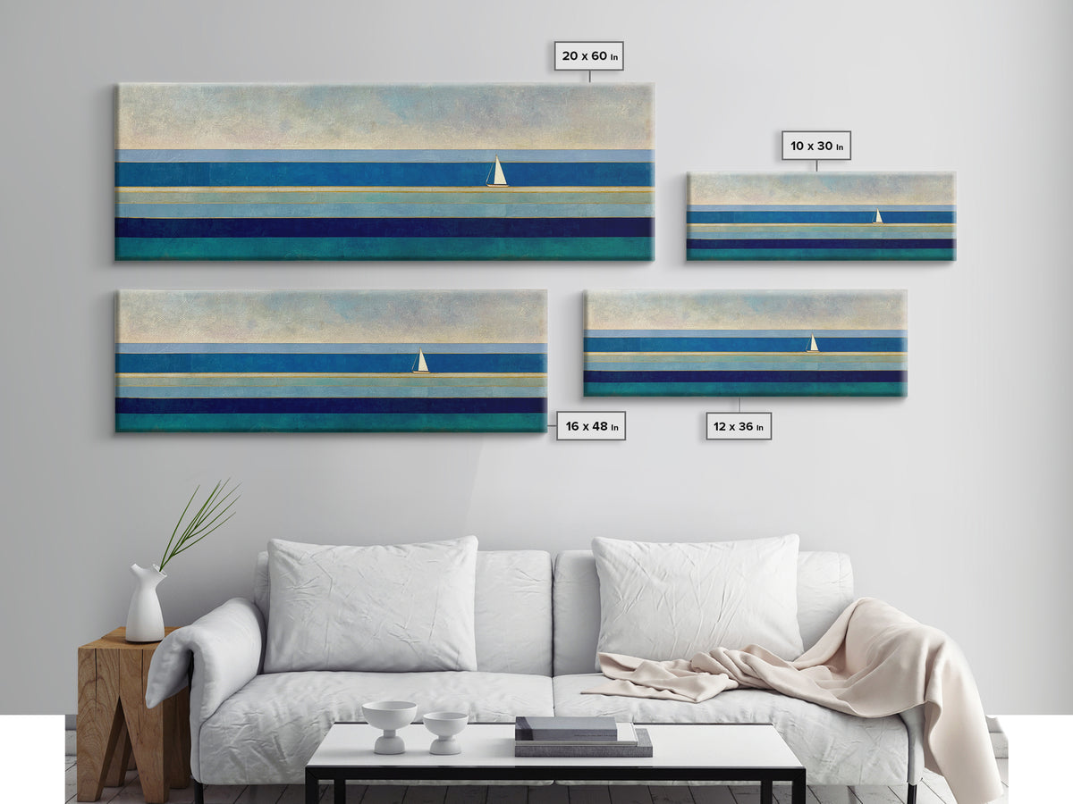 Minimal Sailboat Seascape Wall Art, Midcentury Modern Coastal Print, Blue Nautical Living Room Decor, Ocean Canvas Art Print