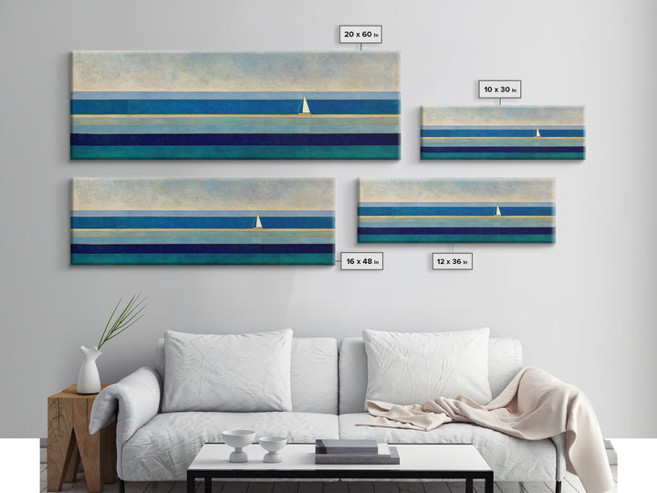 Minimal Sailboat Seascape Wall Art, Midcentury Modern Coastal Print, Blue Nautical Living Room Decor, Ocean Canvas Art Print