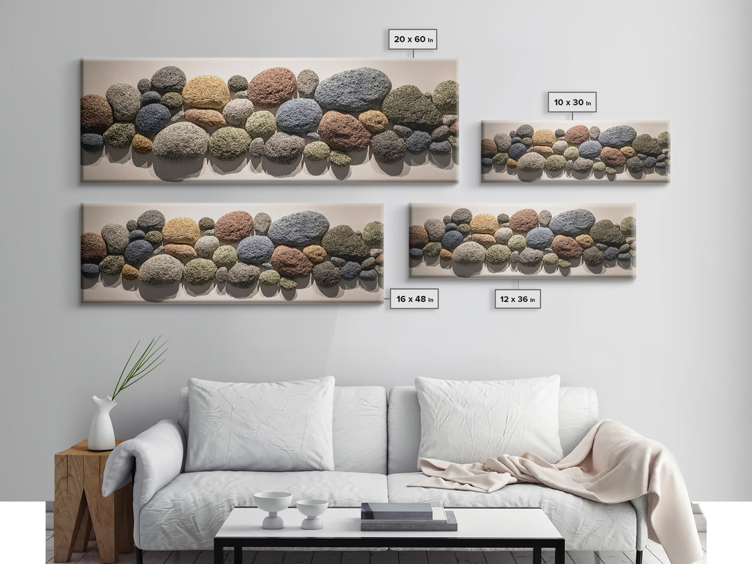Neutral Pebble Stone Cluster Framed Canvas Print, Organic Abstract Wall Art, Modern Home Decor, Earth Tone Texture Poster