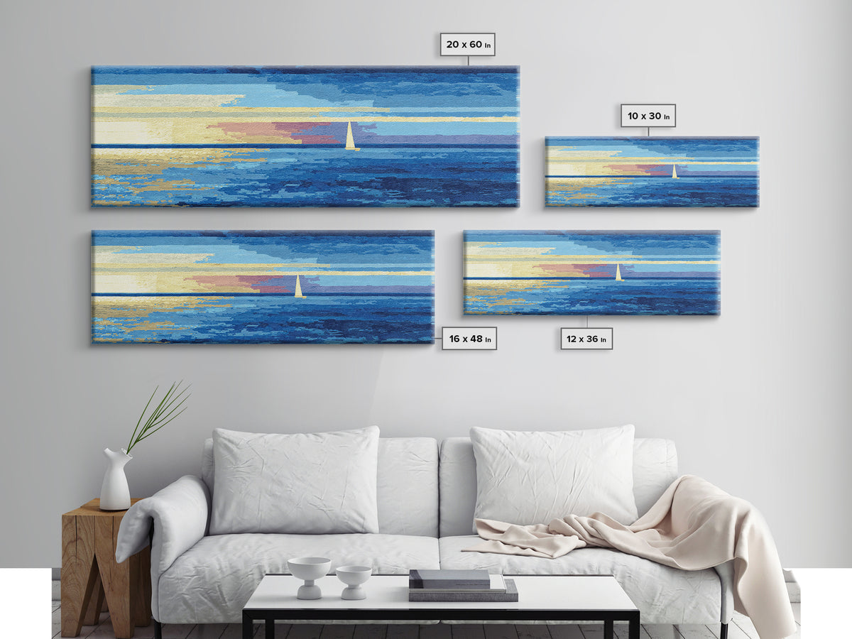 Blue Sailboat Ocean Horizon Canvas Print, Modern Coastal Wall Art, Nautical Seascape Decor, Calm Living Room Artwork Print