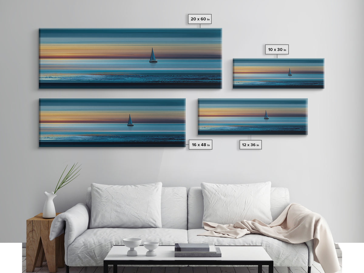 Lone Sailboat At Teal Sunset Seascape Wall Art, Panoramic Ocean Canvas, Coastal Living Room Decor, Modern Blue Art Print