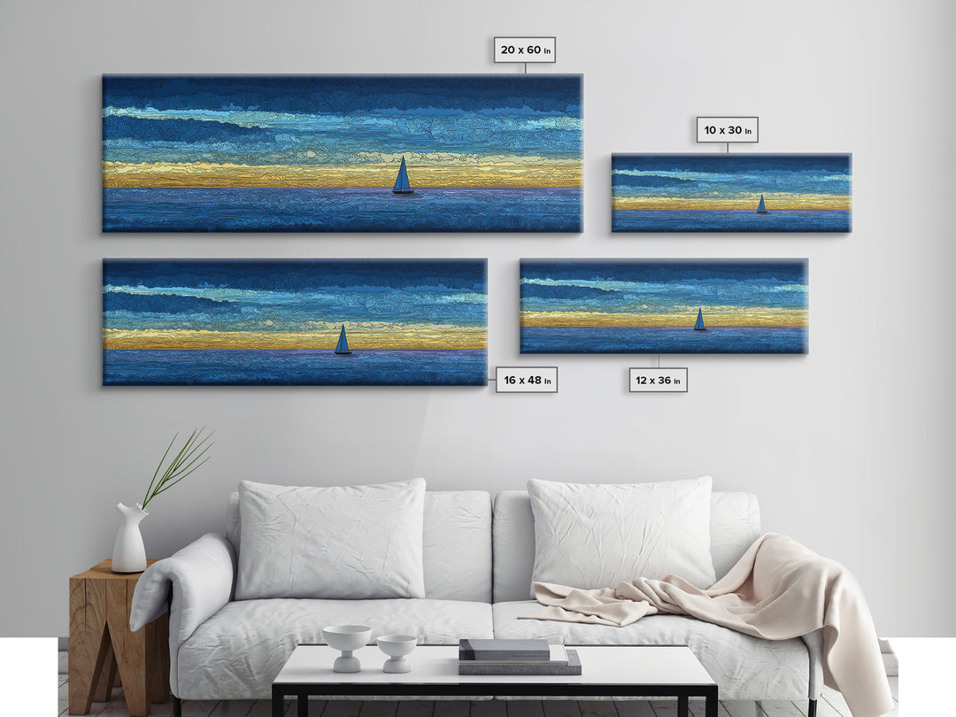 Tiny Sailboat On Golden Blue Horizon Canvas Print, Panoramic Seascape Wall Decor, Coastal Modern Art For Living Room Decor