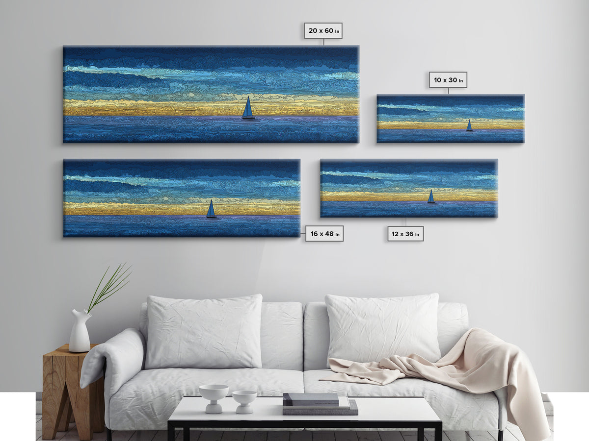Tiny Sailboat On Golden Blue Horizon Canvas Print, Panoramic Seascape Wall Decor, Coastal Modern Art For Living Room Decor