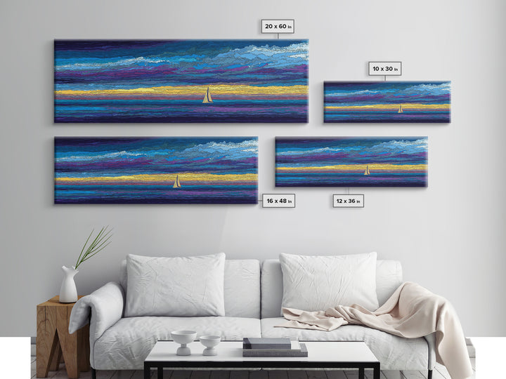 White Sailboat Under Stormy Purple Sky Framed Canvas Print, Panoramic Ocean Wall Art, Coastal Decor, Modern Blue Seascape