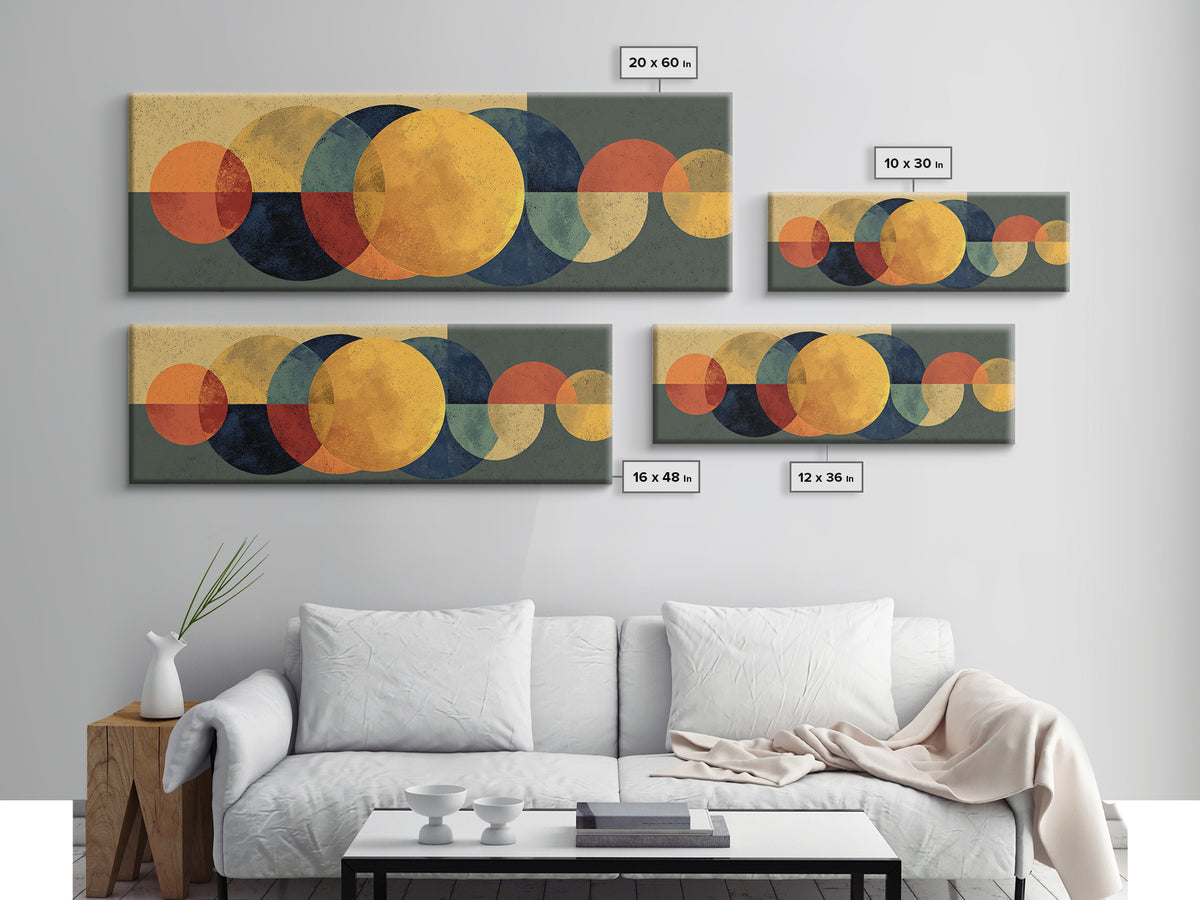Golden Sun And Navy Circle Abstract Canvas Print, Midcentury Modern Wall Art, Geometric Living Room Decor, Retro MCM Poster