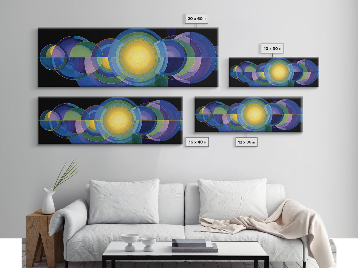 Radiant Yellow Center With Blue Green Circles Wall Art, Midcentury Modern Canvas Print, Geometric Abstract Statement Decor