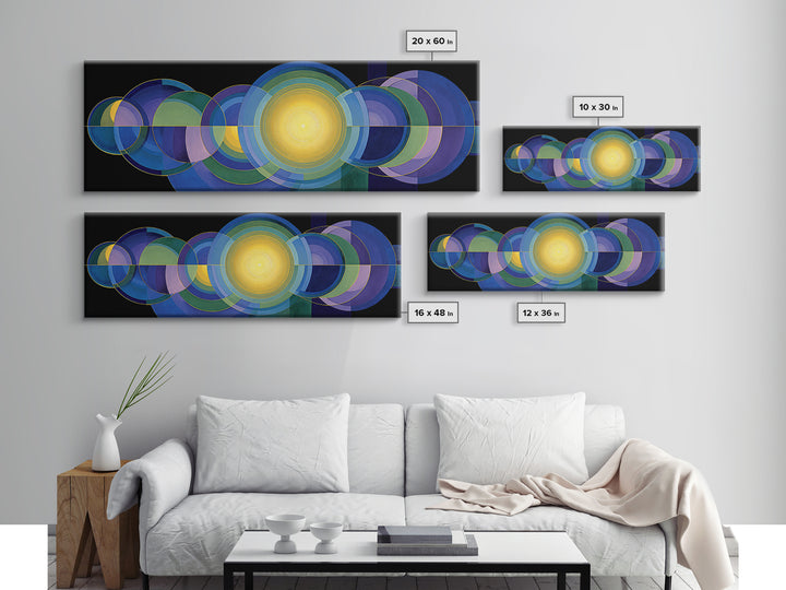 Radiant Yellow Center With Blue Green Circles Wall Art, Midcentury Modern Canvas Print, Geometric Abstract Statement Decor