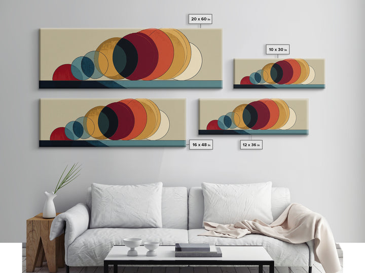 Overlapping Retro Circles In Ochre Red Blue And Cream Canvas Print, Midcentury Modern Art Print, Bauhaus MCM Wall Decor Poster