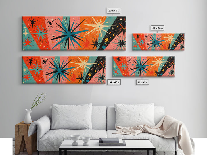 Orange Teal Atomic Starbursts On Coral And Black Canvas Print, Midcentury Modern Wall Art, Retro 50s 60s Home Decor Poster