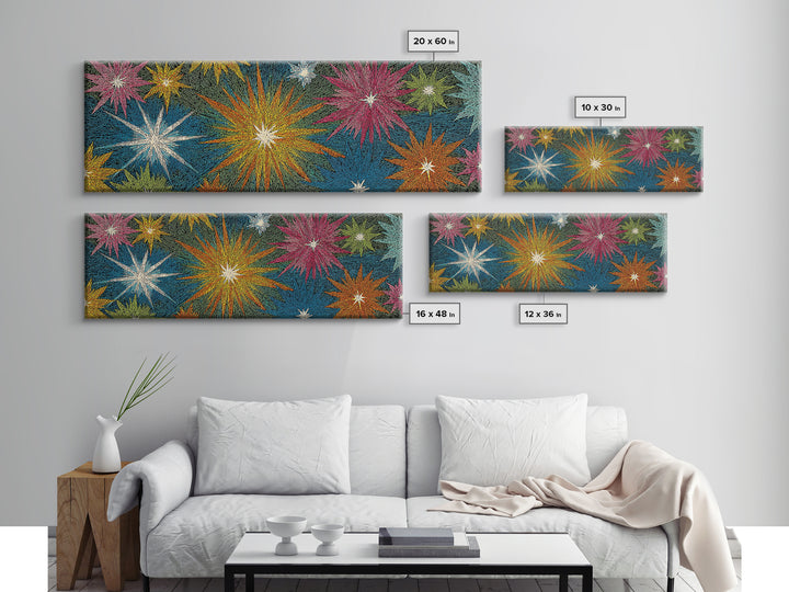 Scratchy Neon Fireworks In Pink Yellow Blue And Green Wall Art, Retro Atomic Starburst Print, Midcentury Modern Home Decor