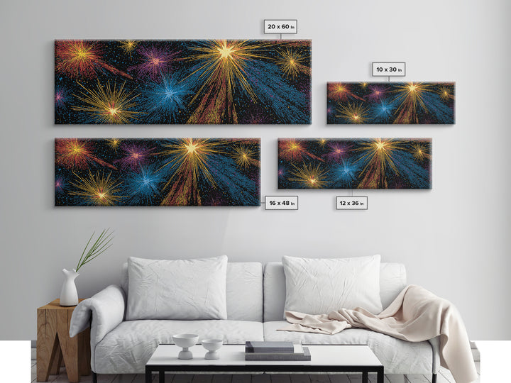 Dark Cosmic Fireworks With Blue Orange Purple And Gold Canvas Print, Retro Space Abstract Wall Art, Midcentury Modern Decor