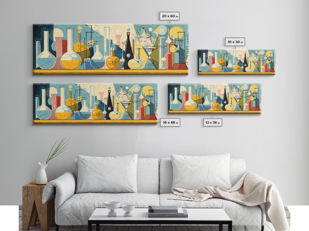 Modernist Laboratory Bottles And Beakers In Aqua Gold And Red Framed Canvas Print, Midcentury Modern Wall Art, Science Decor