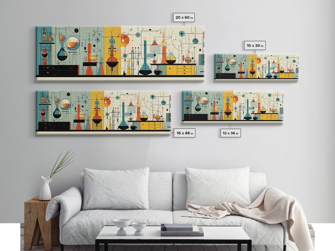 Atomic Science Instruments With Beakers Charts And Geometric Lines Canvas Print, Midcentury Modern Wall Art, Retro Lab Decor