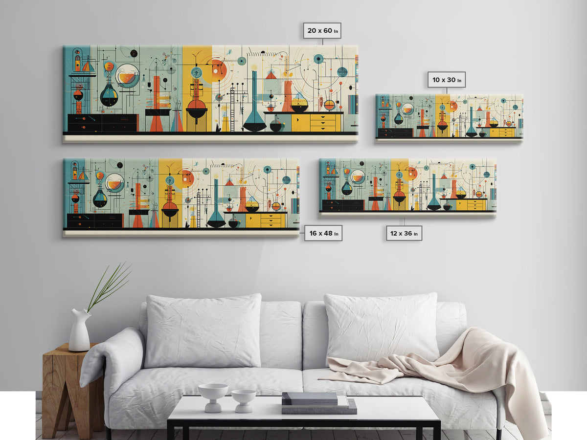 Atomic Science Instruments With Beakers Charts And Geometric Lines Canvas Print, Midcentury Modern Wall Art, Retro Lab Decor