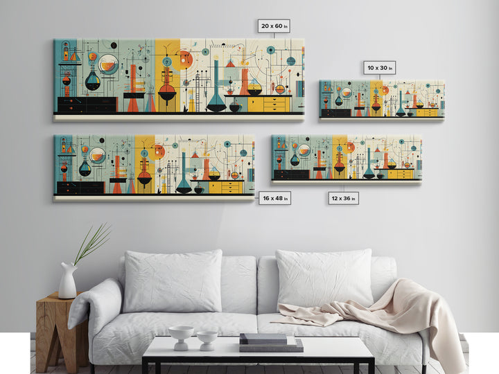 Atomic Science Instruments With Beakers Charts And Geometric Lines Canvas Print, Midcentury Modern Wall Art, Retro Lab Decor