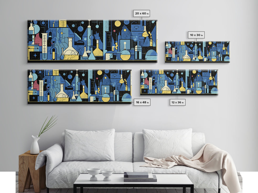 Blue Chemistry Laboratory Glassware Wall Art, Mid Century Modern Abstract Science Poster, Geometric Office Decor Print Set