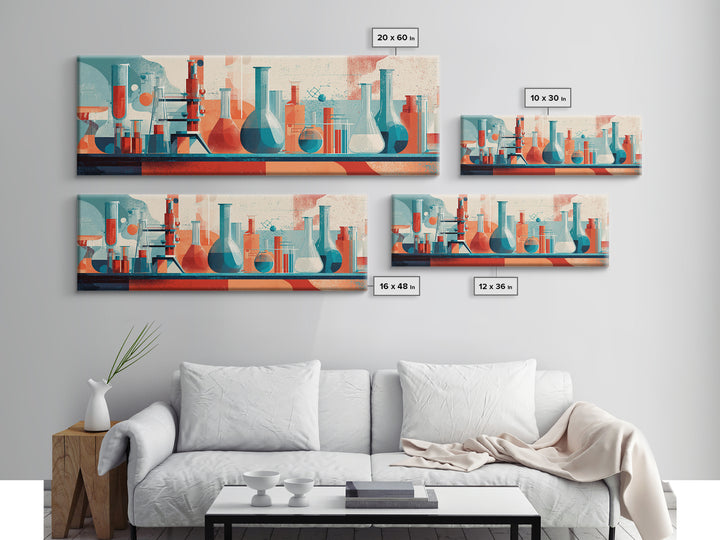 Teal And Coral Science Lab Framed Canvas Print, Mid Century Modern Chemistry Wall Art, Retro Abstract Office Decor Poster