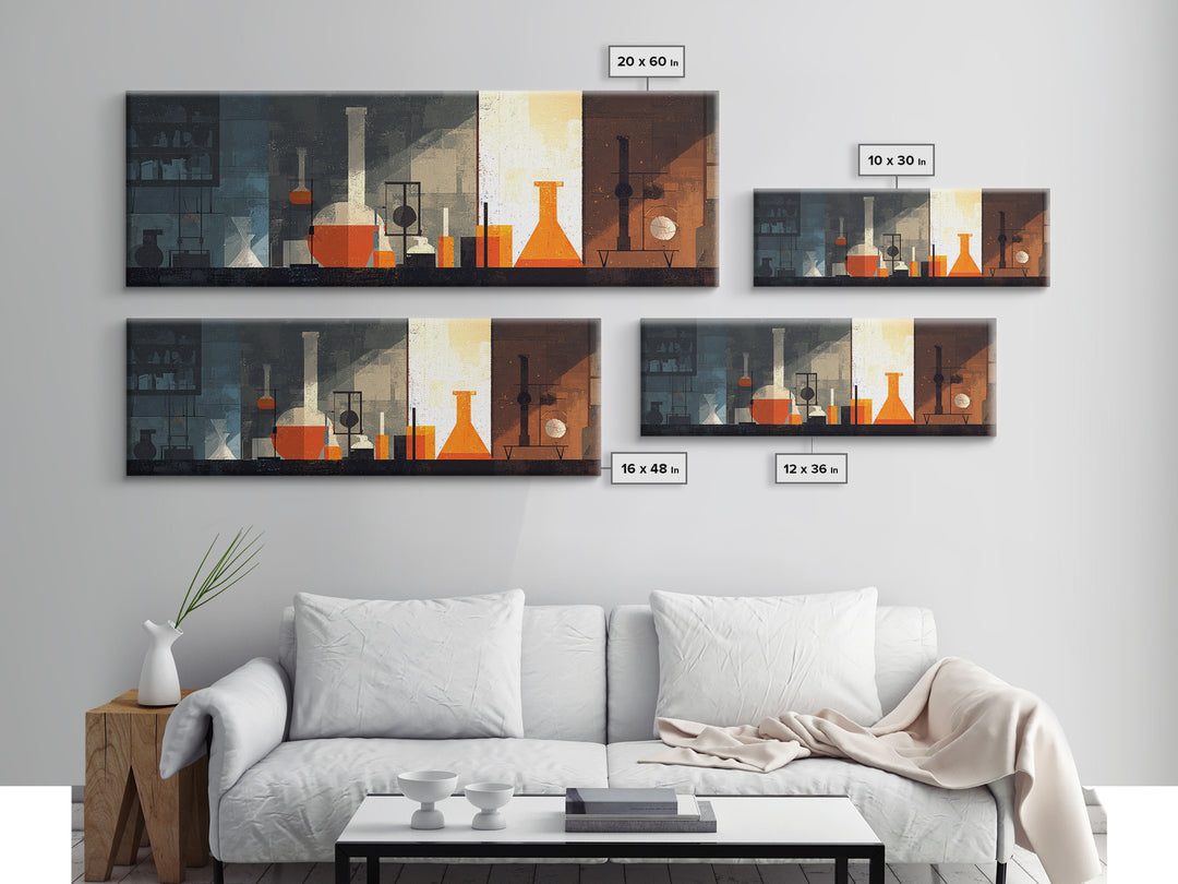 Moody Orange Laboratory Glassware Wall Art, Mid Century Modern Science Poster, Abstract Chemistry Office Decor Print For Lab